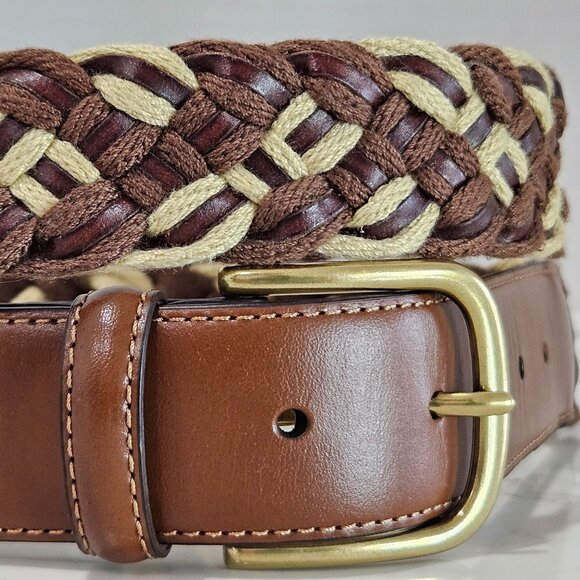 Tommy Bahama Mens Braided Canvas & Leather Belt Brown Beige Size 40 Brass Buckle - Picture 3 of 8